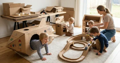 Mama i dzieci bawiący się zabawkami z kartonu: rakietą, domkiem, miniaturową kuchnią i torem dla autek.