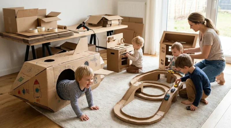 Mama i dzieci bawiący się zabawkami z kartonu: rakietą, domkiem, miniaturową kuchnią i torem dla autek.