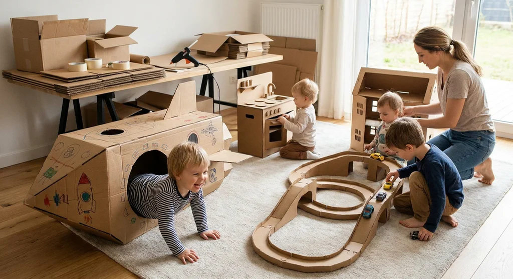 Mama i dzieci bawiący się zabawkami z kartonu: rakietą, domkiem, miniaturową kuchnią i torem dla autek.