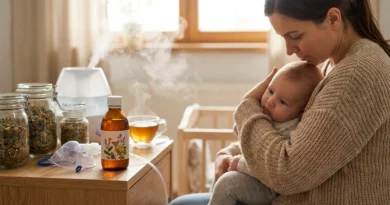 Kobieta z niemowlęciem na rękach obok inhalatora, syropu ziołowego i parującej herbaty.