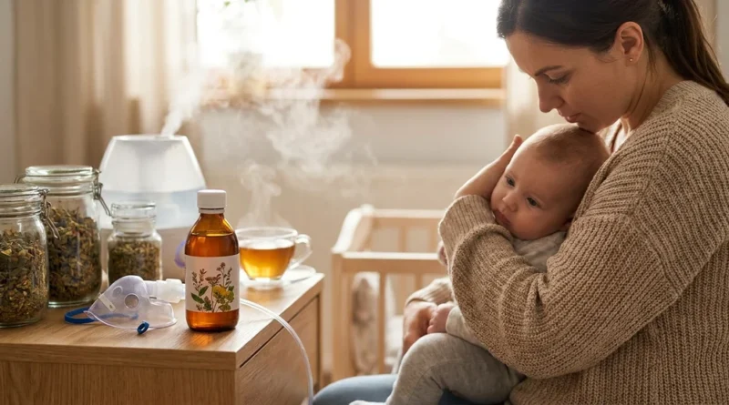 Kobieta z niemowlęciem na rękach obok inhalatora, syropu ziołowego i parującej herbaty.