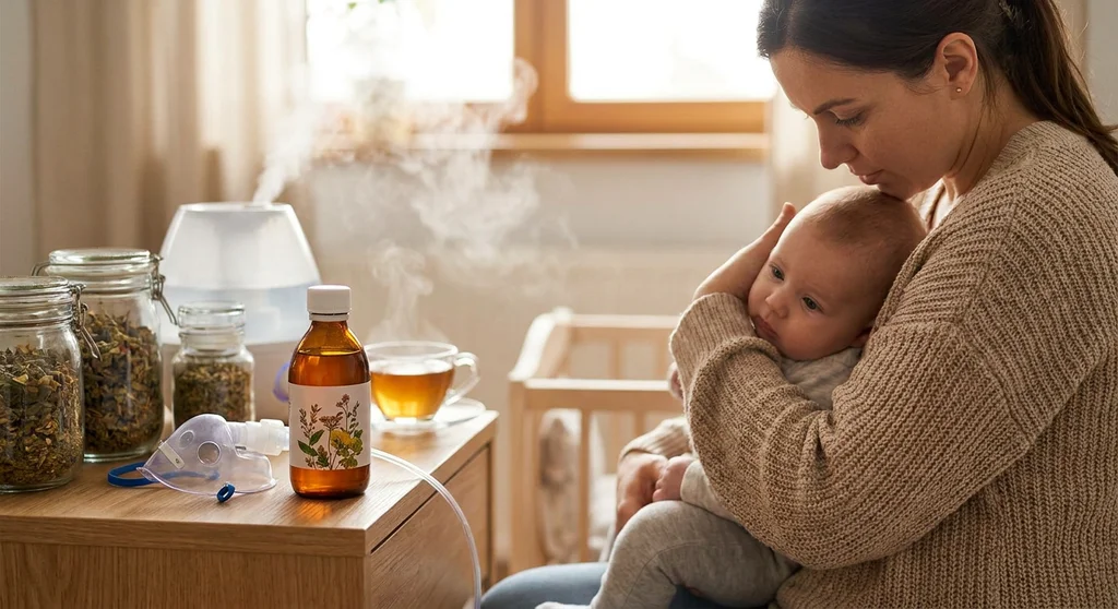 Kobieta z niemowlęciem na rękach obok inhalatora, syropu ziołowego i parującej herbaty.