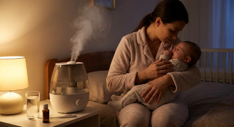 Kobieta z niemowlęciem na rękach w nocy obok działającego nawilżacza powietrza i leków.