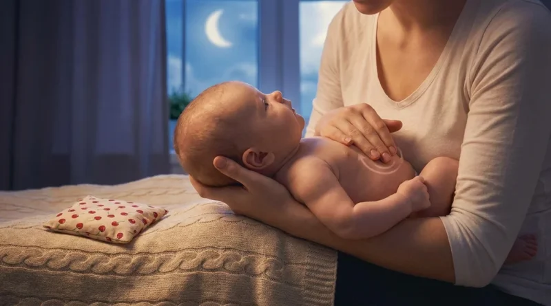 Kobieta masuje brzuszek niemowlęcia okrężnymi ruchami. Obok na łóżku leży termofor z pestek wiśni.