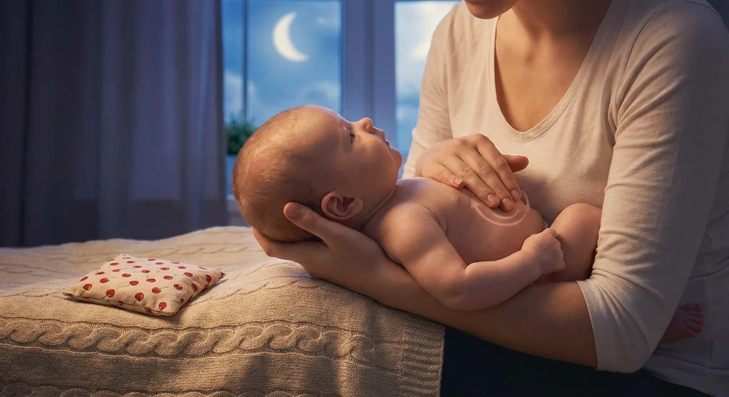 Kobieta masuje brzuszek niemowlęcia okrężnymi ruchami. Obok na łóżku leży termofor z pestek wiśni.