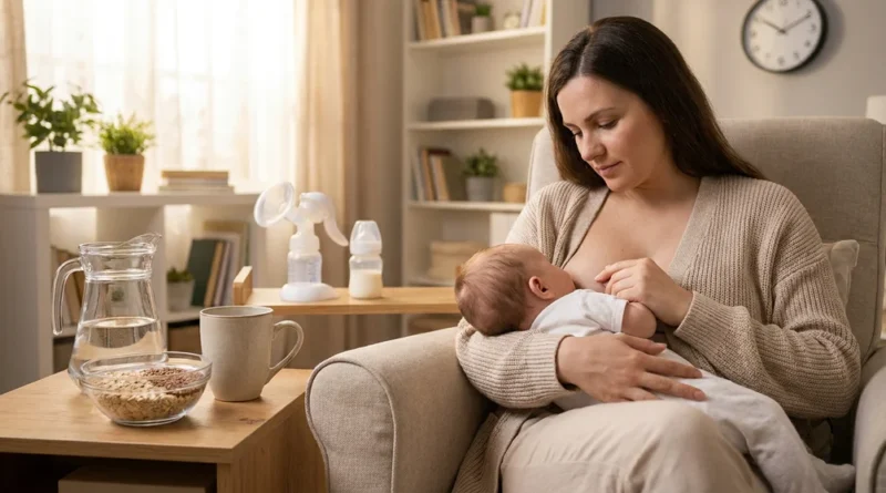 Kobieta karmiąca piersią niemowlę, obok na stoliku dzbanek z wodą, w tle laktator i butelka.