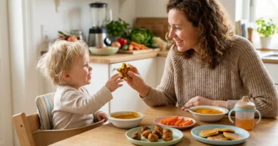 Uśmiechnięta mama podaje dziecku przekąskę w kształcie gwiazdki. Na stole leżą kolorowe dania dla malucha.