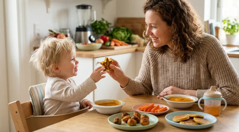 Uśmiechnięta mama podaje dziecku przekąskę w kształcie gwiazdki. Na stole leżą kolorowe dania dla malucha.