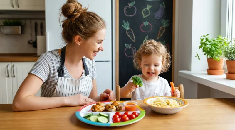 Uśmiechnięta mama z dzieckiem trzymającym brokuł przy stole z obiadem podzielonym na osobne składniki.