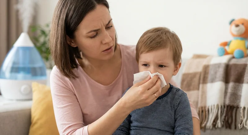 Zmartwiona mama wyciera chusteczką nos małemu chłopcu.