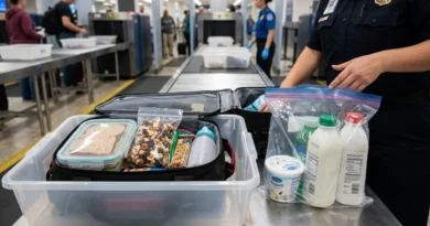 Kontrola bezpieczeństwa na lotnisku: jedzenie stałe w pojemniku oraz płyny w przezroczystej torbie.