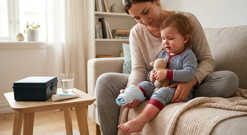 Mama przykłada zimny okład do zaczerwienionej, opuchniętej nóżki płaczącego dziecka siedzącego na jej kolanach.