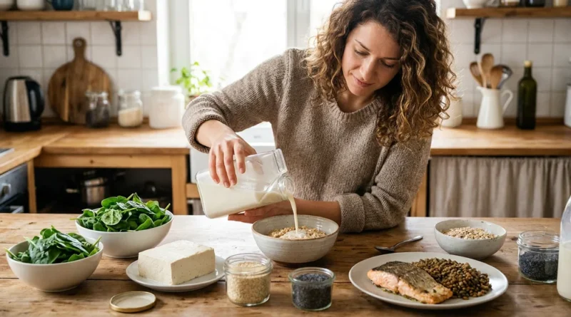 Kobieta wlewa napój roślinny do miski; obok leżą zamienniki nabiału: tofu, szpinak, mak, sezam, łosoś i soczewica.