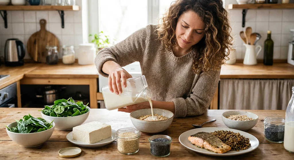 Kobieta wlewa napój roślinny do miski; obok leżą zamienniki nabiału: tofu, szpinak, mak, sezam, łosoś i soczewica.