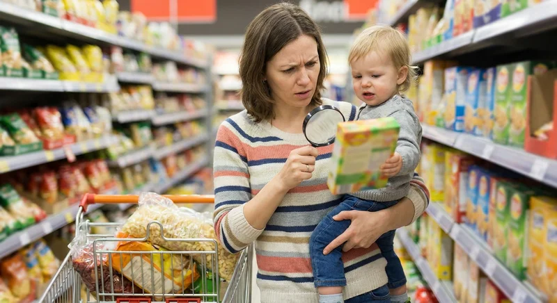 Kobieta z dzieckiem na ręku w sklepie, analizująca przez lupę skład na opakowaniu produktu.