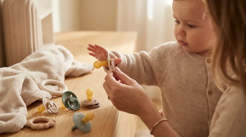 Mama podaje niemowlęciu smoczek; na stole leży kilka innych modeli o różnych kształtach i kolorach.