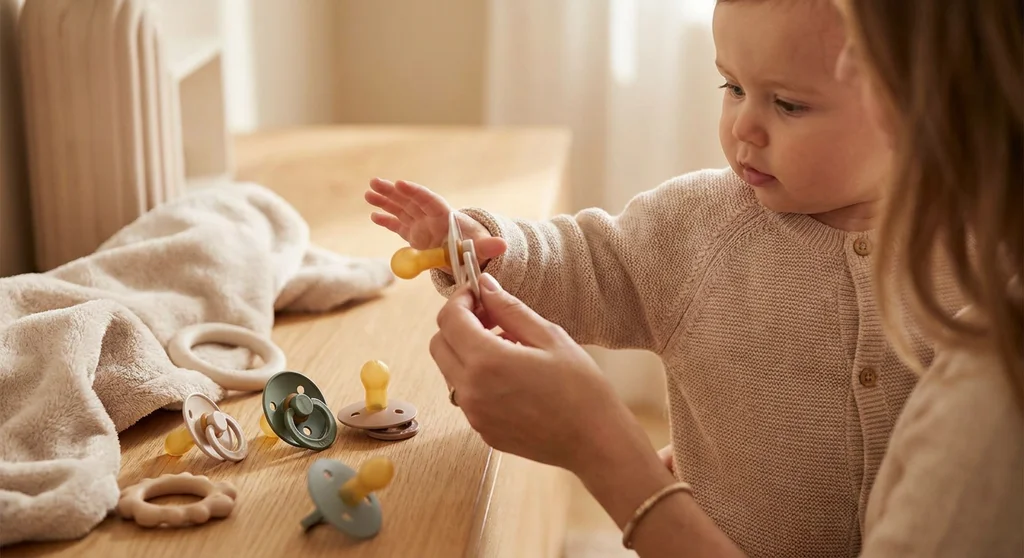 Mama podaje niemowlęciu smoczek; na stole leży kilka innych modeli o różnych kształtach i kolorach.