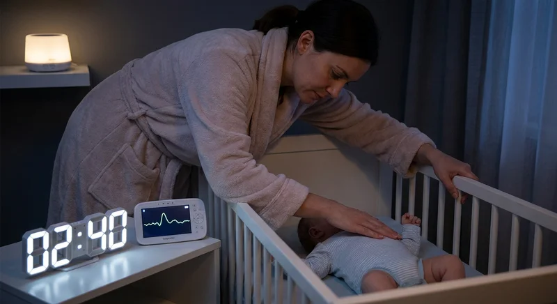 Kobieta czuwa w nocy przy niemowlęciu w łóżeczku, obok świeci zegar z godziną 02:40 i monitor oddechu.
