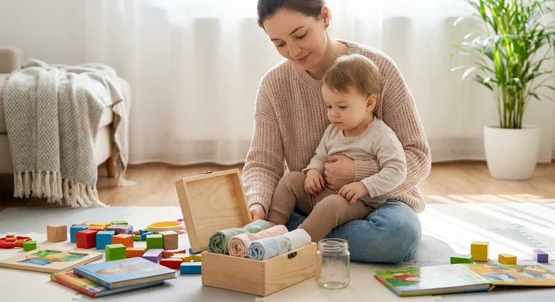 Matka i maluch wspólnie układają zwinięte tkaniny w drewnianym pudełku, otoczeni klockami i książkami.