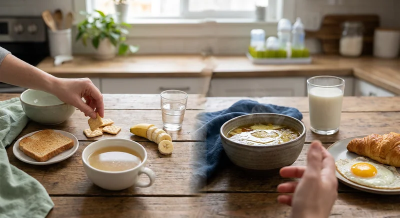 Zestawienie lekkostrawnego posiłku (sucharki, banan, tost) z ciężkostrawnym jedzeniem (tłusta zupa, smażone jajko).