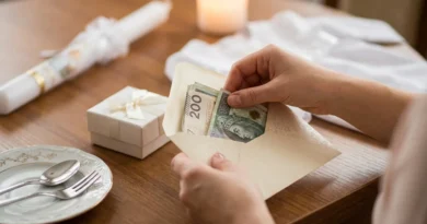 Dłonie wkładające banknoty 100 i 200 zł do koperty obok świecy chrzcielnej i małego prezentu.
