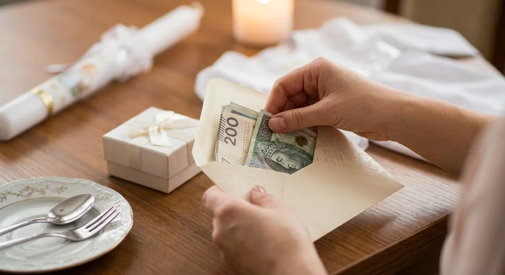 Dłonie wkładające banknoty 100 i 200 zł do koperty obok świecy chrzcielnej i małego prezentu.
