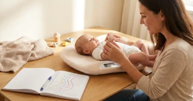 Uśmiechnięta mama waży niemowlę na wadze, obok leży otwarty notatnik z wykresami siatek centylowych.