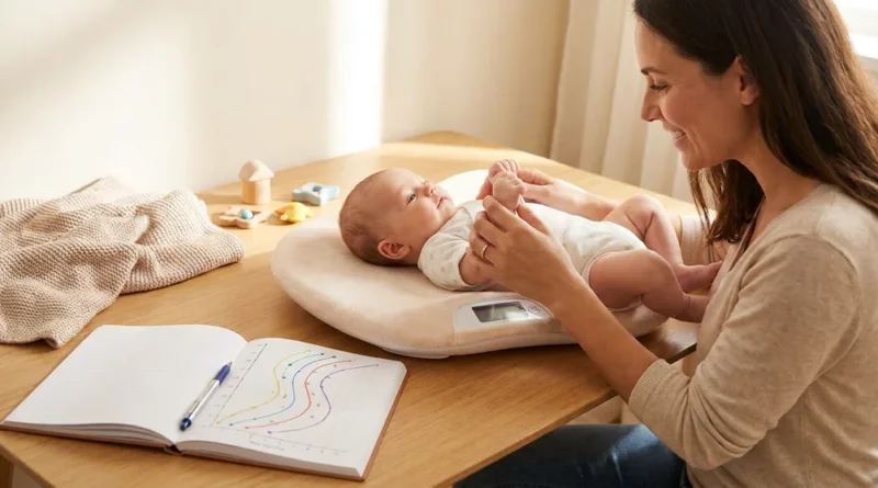 Uśmiechnięta mama waży niemowlę na wadze, obok leży otwarty notatnik z wykresami siatek centylowych.