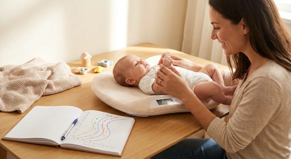 Uśmiechnięta mama waży niemowlę na wadze, obok leży otwarty notatnik z wykresami siatek centylowych.