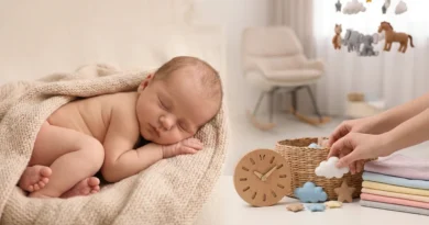 Śpiący spokojnie noworodek pod kocykiem, obok drewniany zegar i dziecięce akcesoria do snu.