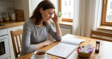 Zmartwiona kobieta patrzy na kalendarz menstruacyjny, obok którego leżą podpaski i tampony.