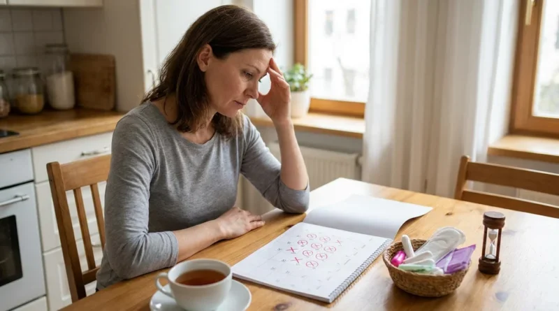 Zmartwiona kobieta patrzy na kalendarz menstruacyjny, obok którego leżą podpaski i tampony.
