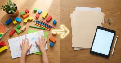 Zabawki i rysunek dziecka po lewej stronie oraz teczki i tablet po prawej, połączone świecącą strzałką.