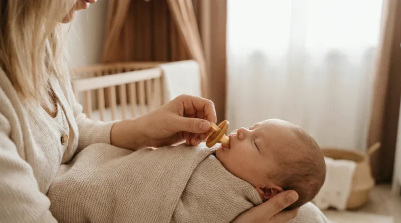 Kobieta delikatnie podaje kauczukowy smoczek noworodkowi owiniętemu w kocyk.