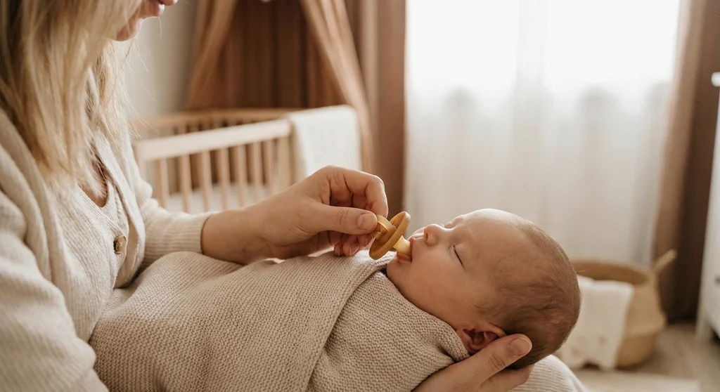 Kobieta delikatnie podaje kauczukowy smoczek noworodkowi owiniętemu w kocyk.