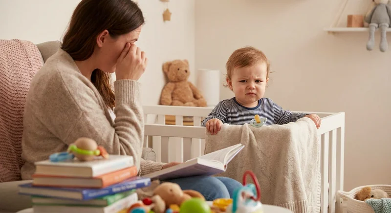 Zmęczona mama przeciera oczy przy łóżeczku z grymaszącym dzieckiem, obok którego leży wypluty smoczek.
