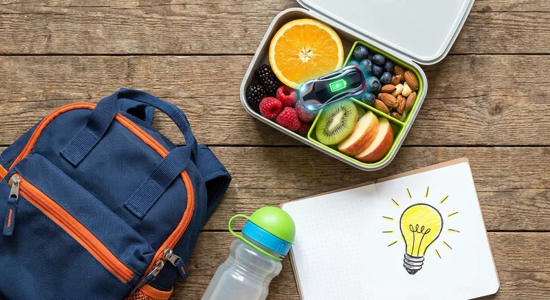 Zdrowy lunchbox z owocami i orzechami oraz grafiką auta z baterią, obok plecaka i zeszytu z rysunkiem żarówki.
