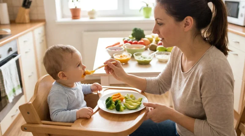 Kobieta karmiąca niemowlę łyżeczką. Na tacce krzesełka talerz z cząstkami brokułów, awokado i purée.