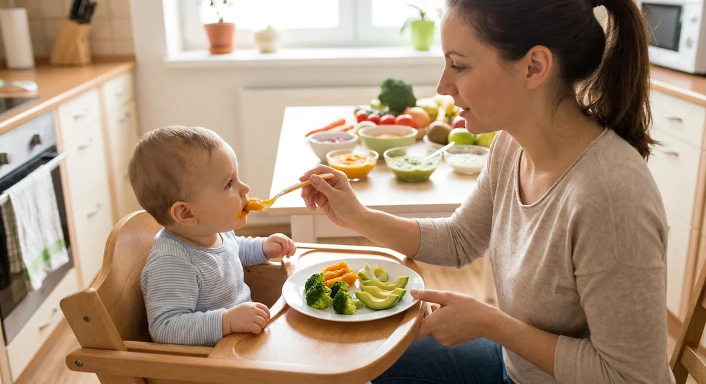 Kobieta karmiąca niemowlę łyżeczką. Na tacce krzesełka talerz z cząstkami brokułów, awokado i purée.
