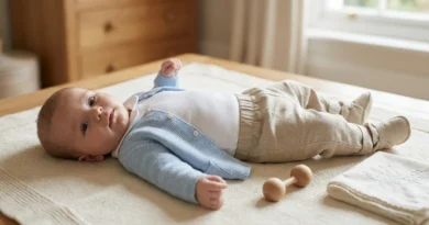Niemowlę w błękitnym sweterku, białym body, lnianych spodenkach i miękkich bucikach leżące na jasnym kocyku.