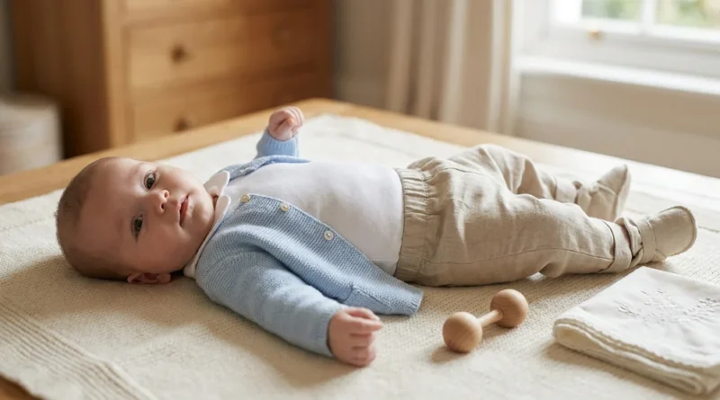Niemowlę w błękitnym sweterku, białym body, lnianych spodenkach i miękkich bucikach leżące na jasnym kocyku.