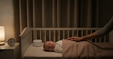 Śpiące, otulone niemowlę w łóżeczku z szumiarką i kojącą dłonią rodzica w przyciemnionym pokoju.