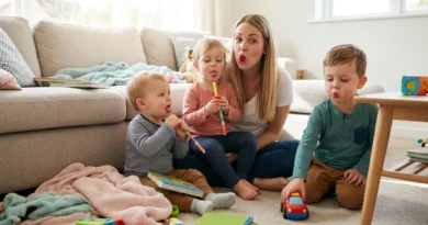 Mama i troje dzieci robią śmieszne miny, dmuchają i wysuwają języki podczas zabawy logopedycznej.