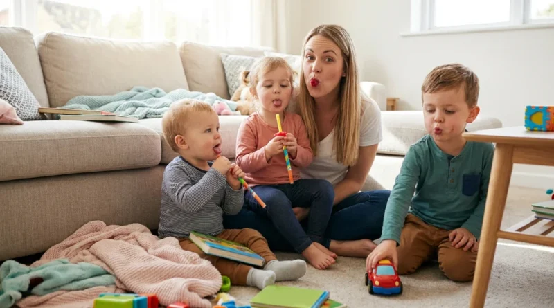 Mama i troje dzieci robią śmieszne miny, dmuchają i wysuwają języki podczas zabawy logopedycznej.