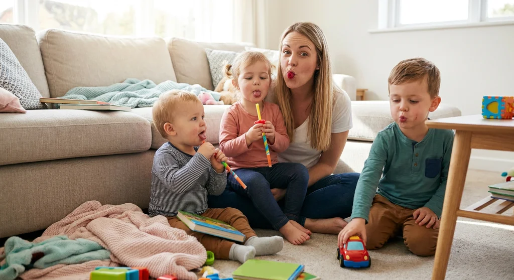 Mama i troje dzieci robią śmieszne miny, dmuchają i wysuwają języki podczas zabawy logopedycznej.