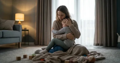 Matka siedząca na dywanie mocno i czule przytula małe dziecko, trzymając dłoń na jego głowie.