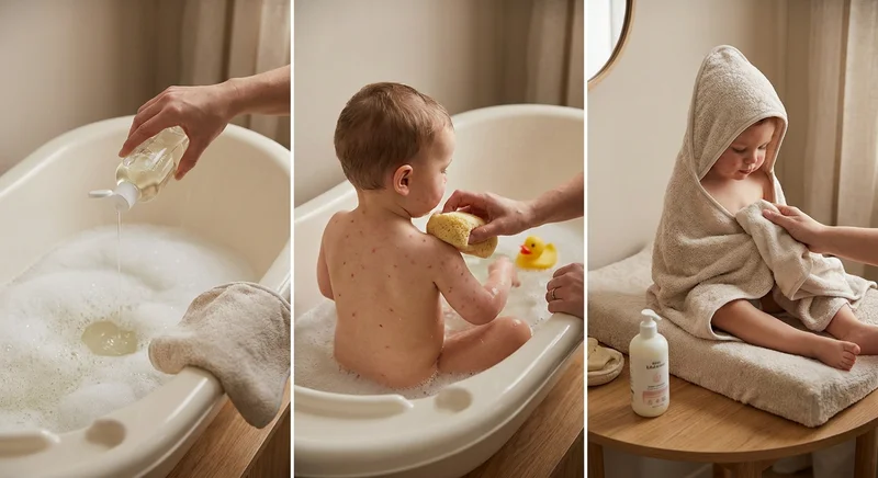 Kąpiel dziecka z wysypką ospy: przygotowanie wody, delikatne mycie pleców gąbką i wycieranie miękkim ręcznikiem.