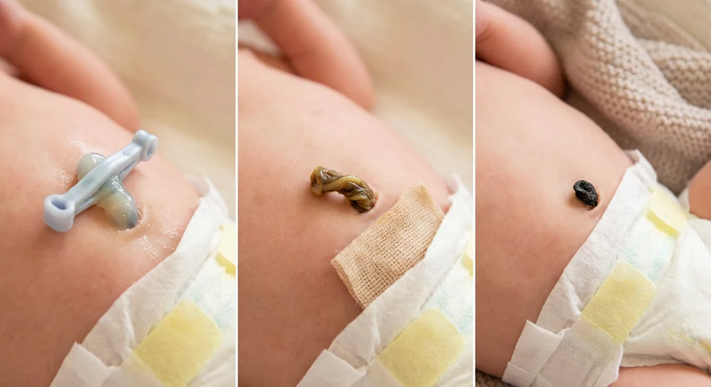 Trzy etapy gojenia kikuta pępowiny noworodka: świeży z klamrą, podsychający żółtobrązowy oraz suchy i czarny.