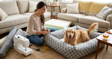Kobieta szyje szare legowisko z podwyższonymi bokami, w którym leży zadowolony golden retriever.