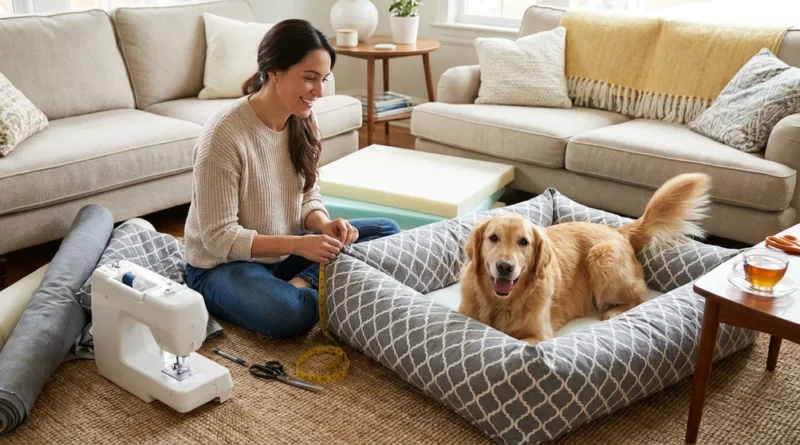 Kobieta szyje szare legowisko z podwyższonymi bokami, w którym leży zadowolony golden retriever.